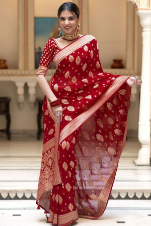 Crimson Red Jacquard Work Banarasi Silk Saree