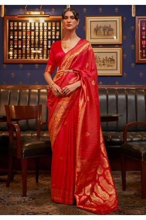 Crimson Red Pure Satin Weaving Silk Saree