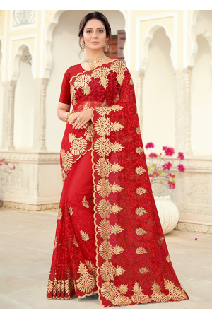 Crimson Red Resham Embroidered Net Saree
