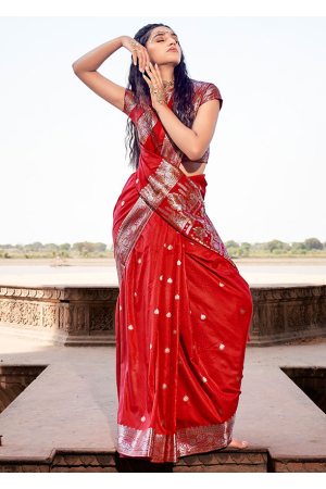 Crimson Red Zari Weaving Pure Satin Silk Saree