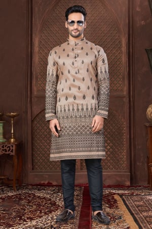 Dark Beige Silk Embroidered Kurta Set