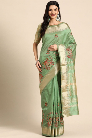 Dark Green Assam Cotton Silk Floral Thread  Embroidery Work Party Wear Saree