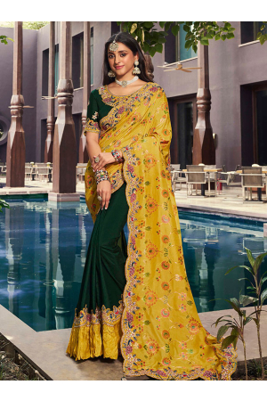 Bottle Green and Yellow Embroidered Designer Saree