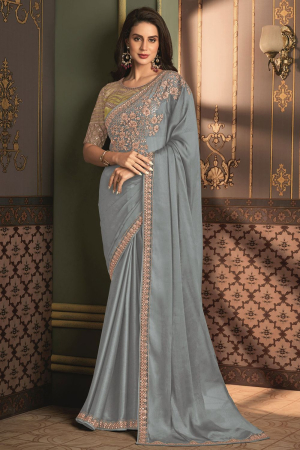 Dove Grey Silk Saree with Embroidered Blouse