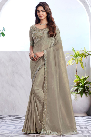 Dusty Beige Designer Saree with Embroidered Blouse