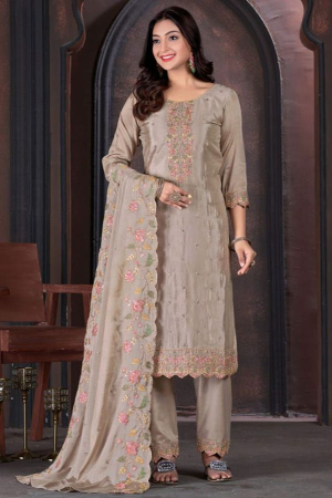 Dusty Beige Embroidered Chinnon Pant Kameez