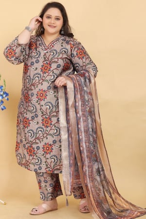 Dusty Beige Printed Viscose Plus Size Suit