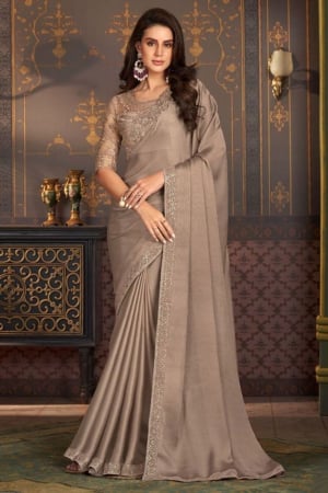 Dusty Beige Satin Silk Chiffon Saree with Embroidered Blouse