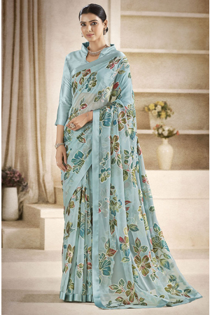 Dusty Blue Printed Party Wear Saree