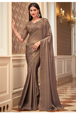 Dusty Brown Embroidered Georgette Shimmer Saree