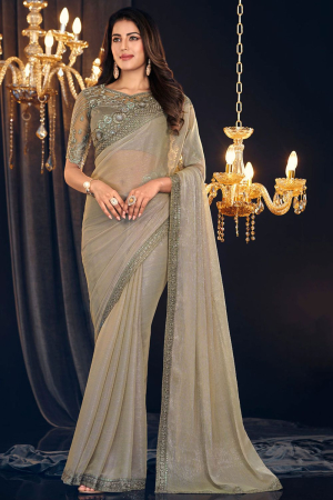 Dusty Cream Georgette Zari Shimmer Saree with Embroidered Blouse
