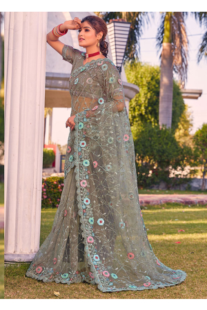 Dusty Green Heavy Net Embroidered Designer Saree