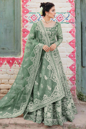 Dusty Green Net Embroidered Anarkali Suit