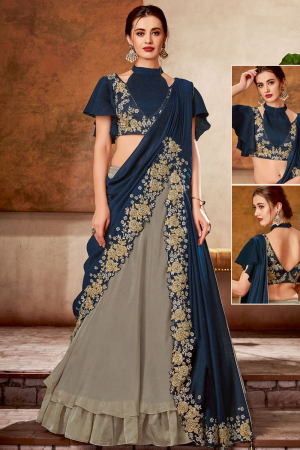 Dusty Grey and Prussian  Blue Embroidered Designer Lehenga Saree