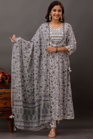 Dusty Grey and White Embroidered Rayon Cotton Pant Kameez
