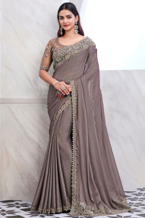Dusty Grey Designer Saree with Embroidered Blouse