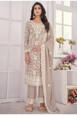 Dusty Grey Embroidered Chinnon Chiffon Trouser Kameez