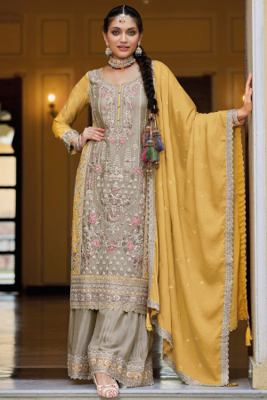 Dusty Grey Embroidered Chinnon Designer Palazzo Kameez