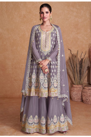 Dusty Grey Embroidered Chinnon Palazzo Kameez