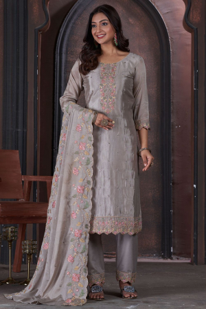 Dusty Grey Embroidered Chinnon Pant Kameez