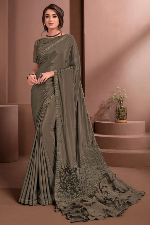 Dusty Grey Embroidered Crepe Saree