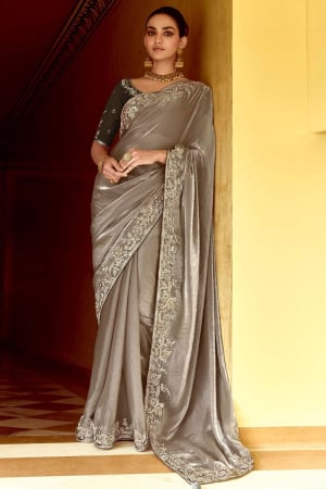 Dusty Grey Embroidered Designer Saree for Wedding