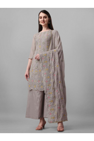 Dusty Grey Embroidered Faux Georgette Palazzo Kameez