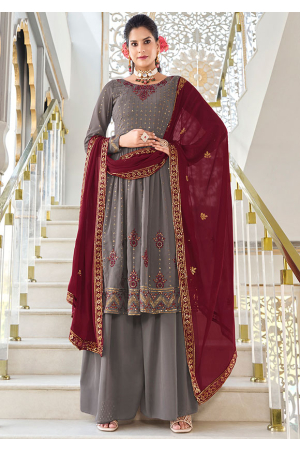 Dusty Grey Embroidered Georgette Readymade Palazzo Kameez