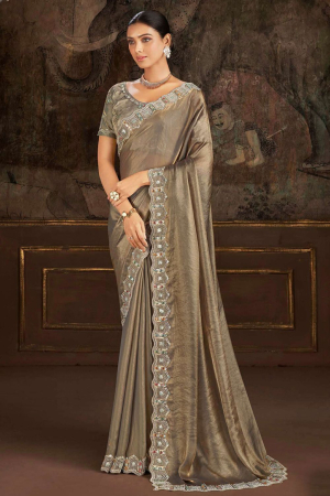 Dusty Grey Embroidered Satin Silk Designer Saree