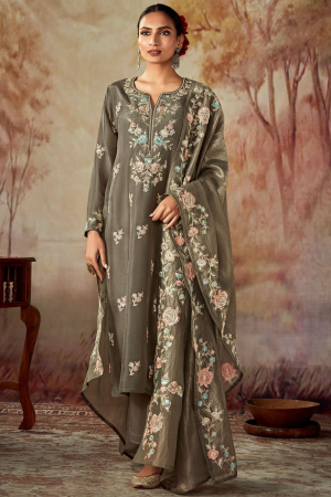 Dusty Grey Embroidered Silk Plus Size Pant Kameez