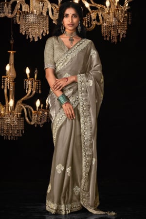 Dusty Grey Embroidered Tissue Silk Designer Saree