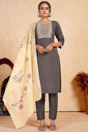 Dusty Grey Embroidered Viscose Silk Readymade Pant Kameez