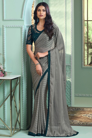 Dusty Grey Georgette Silk Saree with Embroidered Blouse