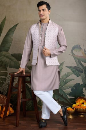 Dusty Grey Mirror Work Viscose Silk Kurta Set with Jacket