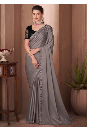Dusty Grey Silk Saree with Embroidered Blouse