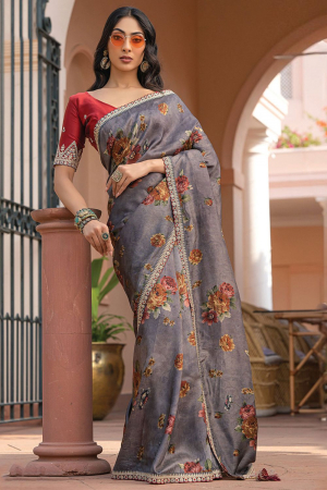 Dusty Grey Viscose Saree with Embroidered Blouse