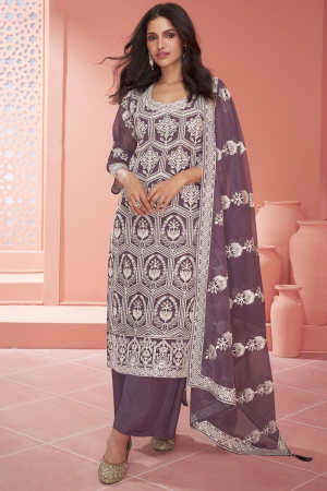 Dusty Mauve Embroidered Organza Silk Trouser Kameez