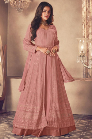 Dusty Peach Resham Embroidered Georgette Lehenga Kameez