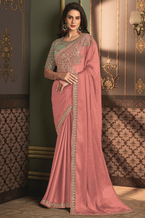 Dusty Peach Silk Saree with Embroidered Blouse