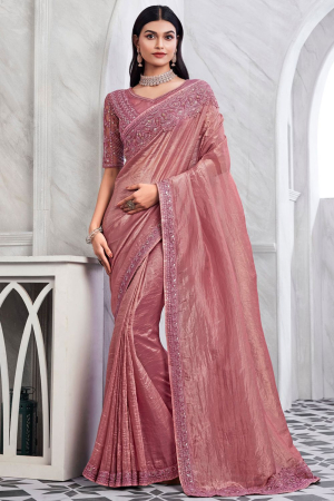 Dusty Pink Designer Saree with Embroidered Blouse
