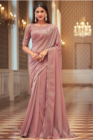 Dusty Pink Embroidered Georgette Shimmer Saree
