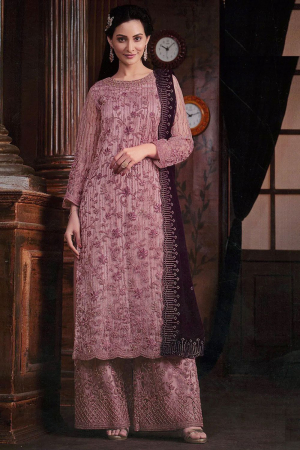 Dusty Pink Embroidered Net Palazzo Kameez