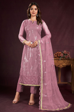 Dusty Pink Embroidered Net Plus Size Suit