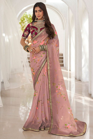 Dusty Pink Embroidered Party Wear Saree