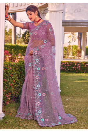 Dusty Pink Heavy Net Embroidered Designer Saree