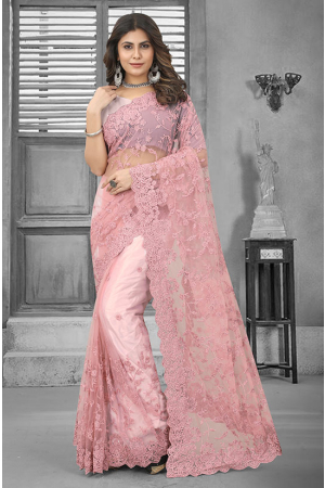 Dusty Pink Net Heavy Emnbroidered Saree