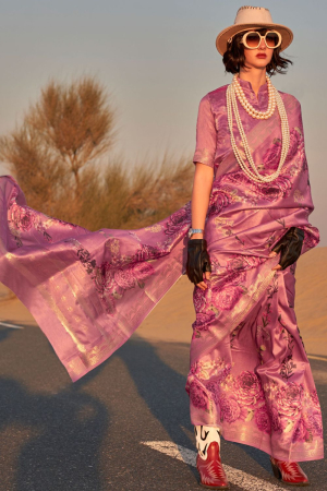 Dusty Pink Printed Tussar Silk Saree