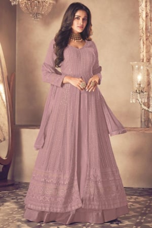 Dusty Pink Resham Embroidered Georgette Lehenga Kameez