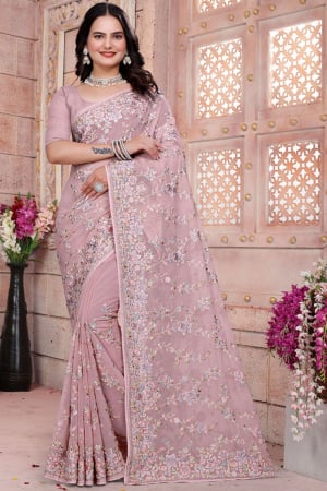 Dusty Pink Resham Embroidered Georgette Saree