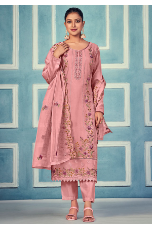 Dusty Pink Resham Embroidered Organza Pant Kameez